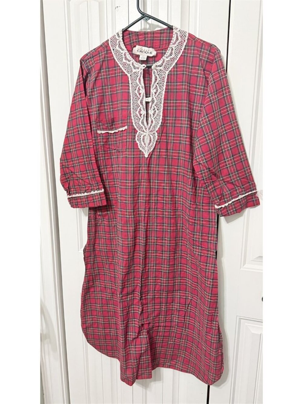 Vintage Lingerie Cacique Red Plaid Nightshirt Nightgown Lace Tri Cotton Small